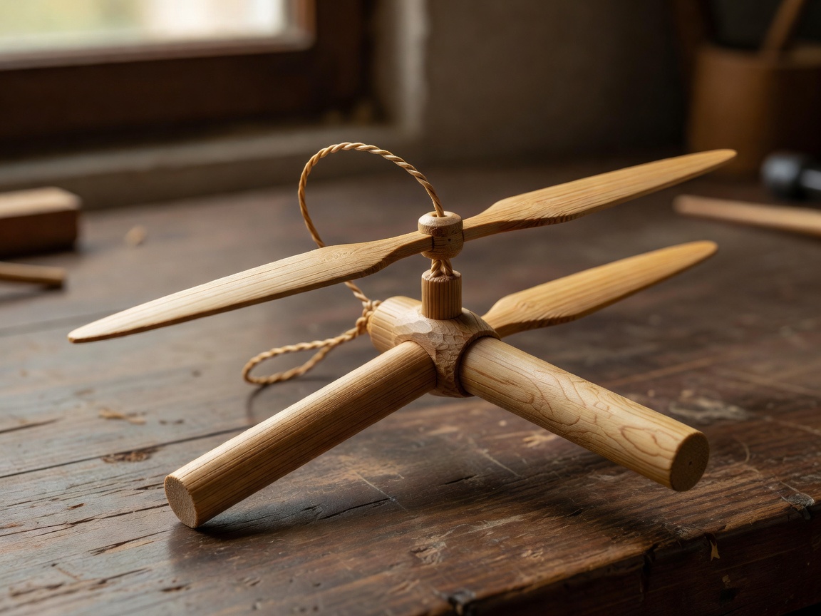 Hand-carved bamboo dragonfly toy with a thin twisted rotor and round shaft