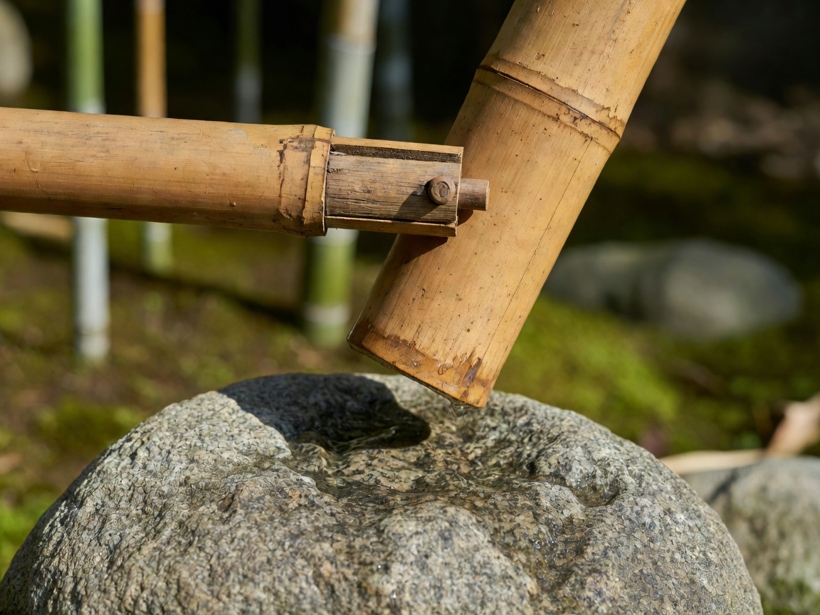 Bambus-Shishi-Odoshi-Rohr, das auf seinem Drehstift kippt, während Wasser aus seinem offenen Ende fließt