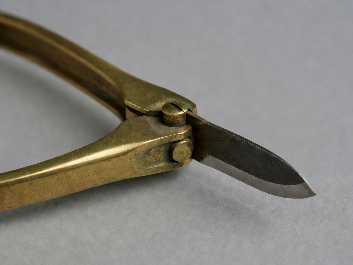 Hinged brass betel-nut cutter opened to show its iron blade close to the pivot