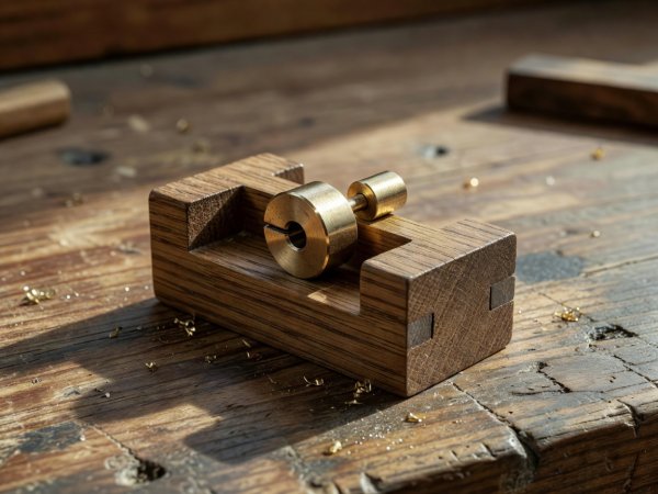 Kleine Messing-Nocken-Stößel-Baugruppe in einem Holzprüfrahmen auf einer Werkbank