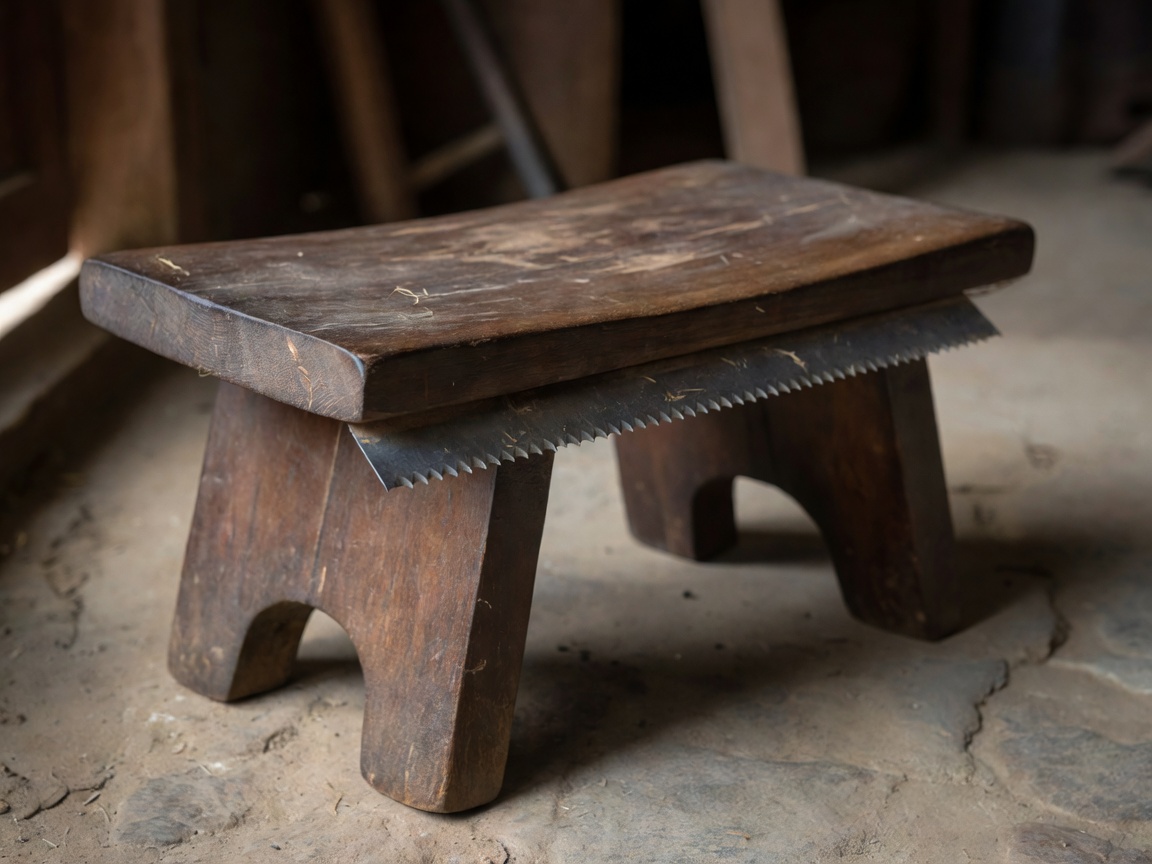 Wooden coconut scraper stool with a serrated steel blade projecting from its front edge