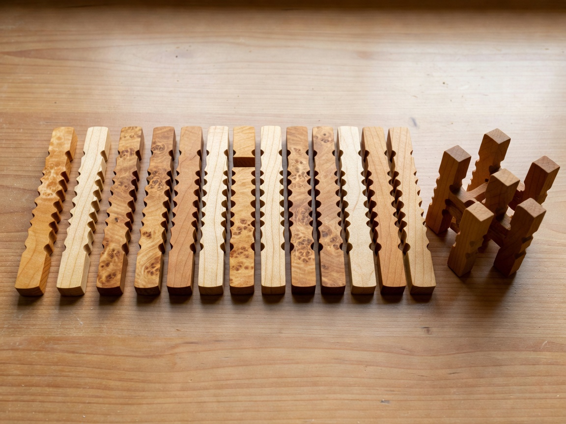 Notched maple burr puzzle sticks laid out in assembly order