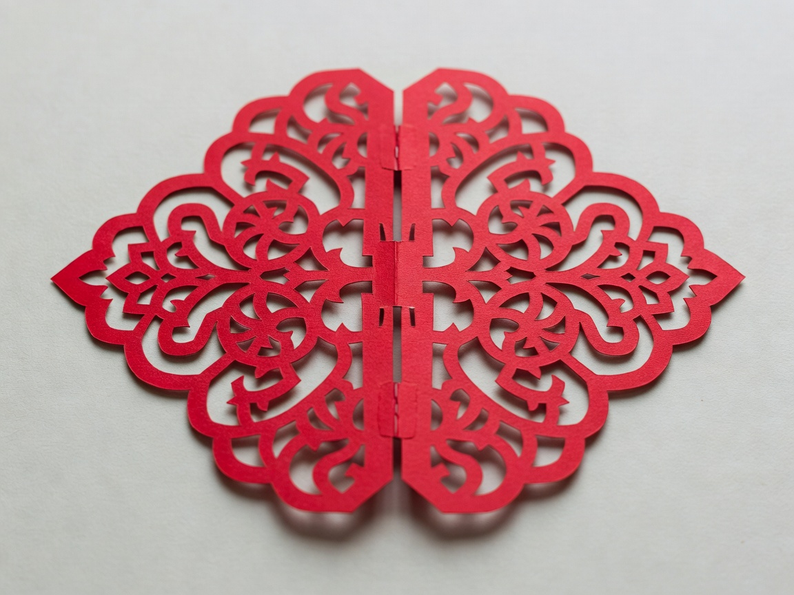 Folded red paper cutting opened to show a symmetrical pattern and the central fold line acting as a hinge