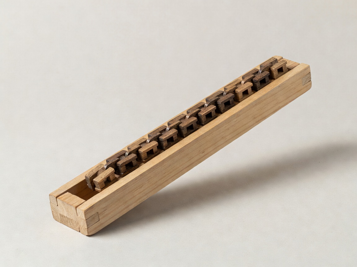 Small wooden model of a square-pallet chain pump with pallets on a looped chain inside an inclined trough