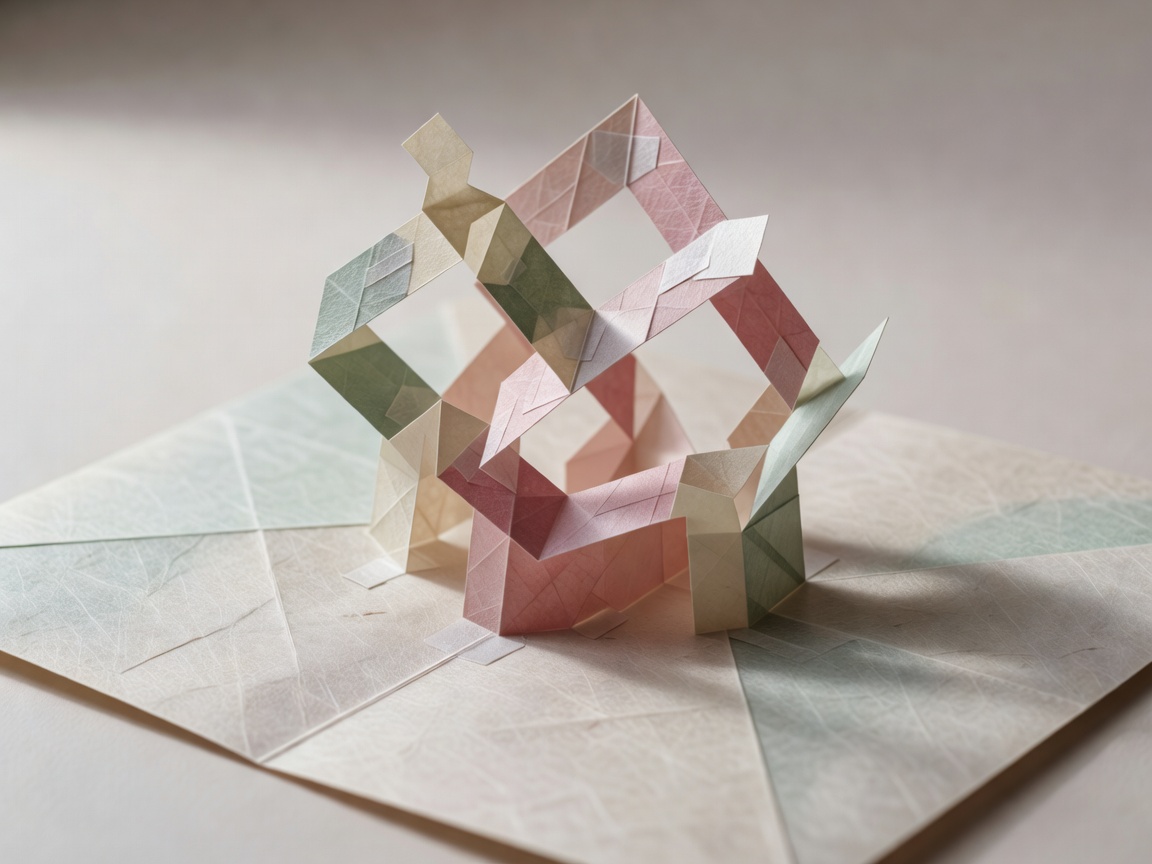 Washi pop-up linkage rising from an opened card, its creases and glue tabs visible