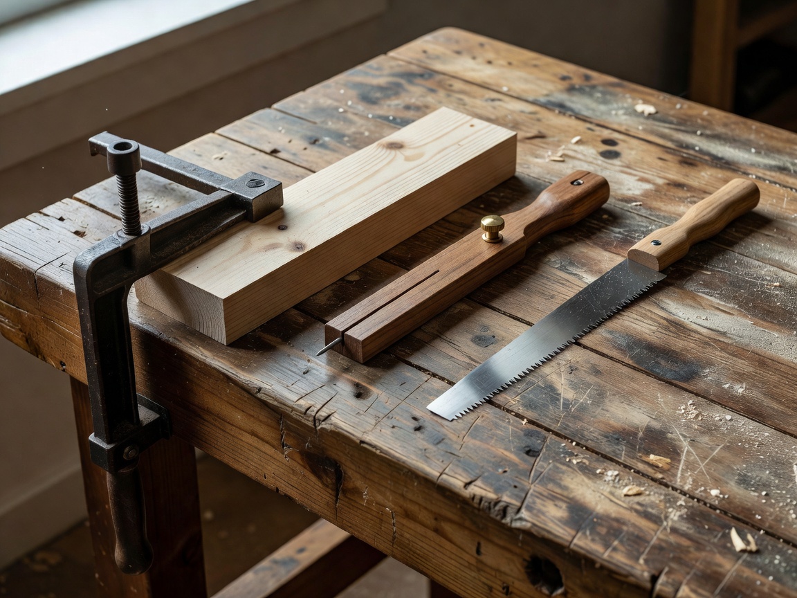 Workbench with clamp, marking gauge and pull saw ready for a test build